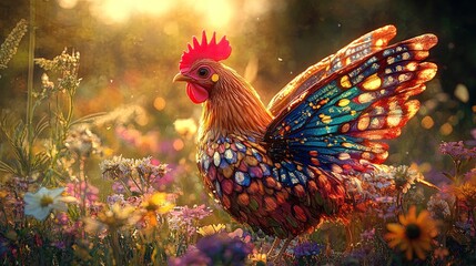 Fototapeta premium Vibrant Chicken with Butterfly Wings Soars Above a Wildflower Garden: A Whimsical Poster for Brightening Up Your Sports or Playroom Decor!