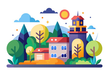 Colorful Illustration of a House and Tower in a Forest Setting