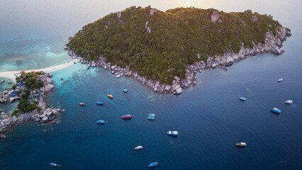 Aerial top down sunset of Nang Yuan Island, Koh Tao island in gulf of Thailand