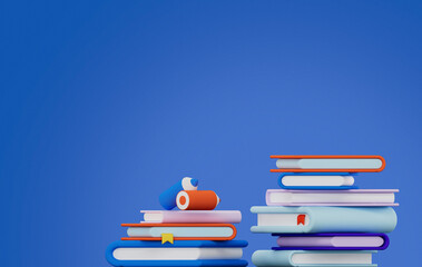 Online education, E-learning concept. stack of books, bookshelf, education. 3d render illustration