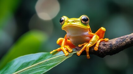 Fototapeta premium Tree frog on branch Gliding frog Rhacophorus reinwardtii sitting on branch Javan tree frog on green leaf Indonesian tree frog : Generative AI