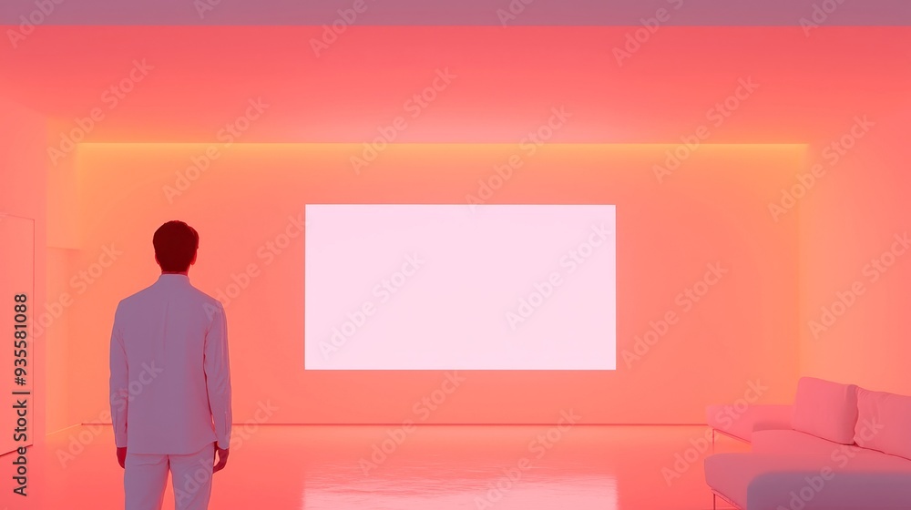 Poster tv screen evaluation, showcasing a blank display in a minimalist setting, featuring ample open space