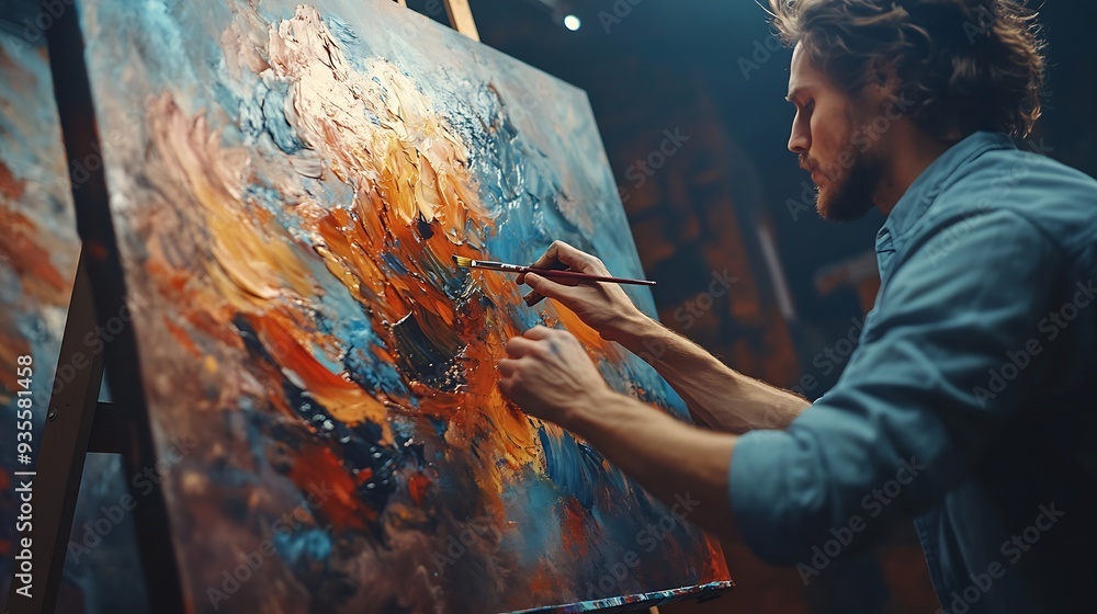 Poster Portrait of Artist Working on Abstract Painting Uses Paint Brush To Create Daringly Emotional Modern Picture Dark Creative Studio Large Canvas Stands on Easel Illuminated Side View Clo : Generative AI