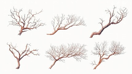 Elegant watercolor illustration of intricate dry tree branches, showcasing delicate details and textures, perfect for artistic projects and nature-inspired designs.