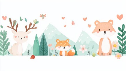 Obraz premium Whimsical Woodland Creatures, A charming watercolor depiction of deer, fox, bear, and vibrant flora set against a serene forest background, perfect for nursery decor.