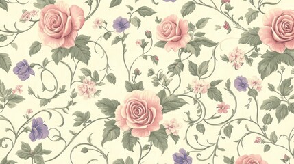Vintage Floral Wallpaper Pink Roses and Delicate Vines, floral pattern, vintage wallpaper, pink roses, delicate vines