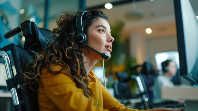 A woman in a wheelchair working diligently at a call center, demonstrating that mobility challenges do not hinder professional capability, inclusive workspace