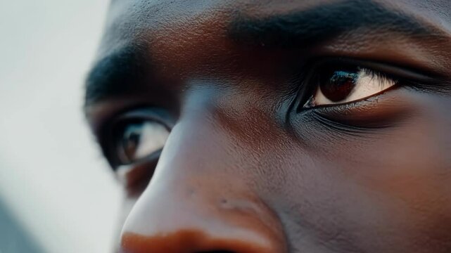 Close up portrait of a determined young black athlete with glistening sweat, showcasing strength and confidence in his brown eyes