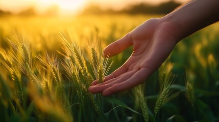 Human  mans hand moving through green field of the grass Male hand touching a young  wheat  in the wheat field while sunset   Boys hand touching wheat during sunset : Generative AI