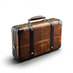 A vintage brown leather suitcase with metal accents, showcasing classic design and durability, isolated on a white background.
