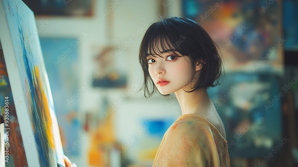 Poster A very pretty woman with a short haircut is working hard trying to think of something to paint and add on the canvas in front of her : Generative AI