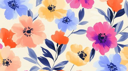 Watercolor Floral Pattern Anemone Blooms on Ivory, anemone , floral pattern , watercolor , summer