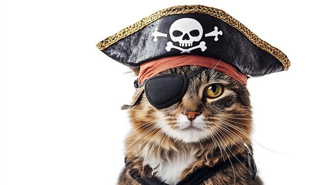Funny animal costume of a cat pirate captain wearing a tricorn hat and eyepatch with skulls and crossbones isolated on a white background : Generative AI