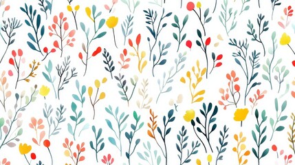 Watercolor Floral Pattern with Teal and Yellow Leaves on a White Background, Watercolor, Floral, Pattern, Botanical
