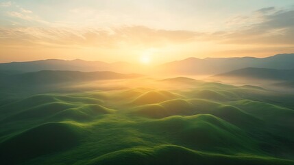 Fototapeta premium Beautiful sunset sky over green misty landscape hills : Generative AI