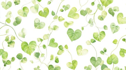 Obraz premium Watercolor Green Heart-Shaped Leaves Pattern, Watercolor, Pattern, Leaves, Green