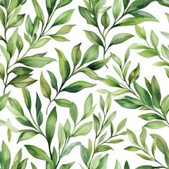 Fototapeta premium Watercolor Green Leaves Seamless Pattern, Watercolor, Botanical, Floral, Leaves, ,