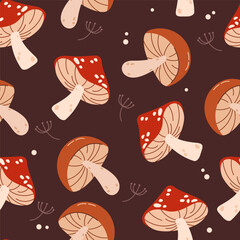 Autumn seamless pattern with mushrooms and branches seamless pattern vector. Autumn themes, Halloween, Thanksgiving design elements, flat