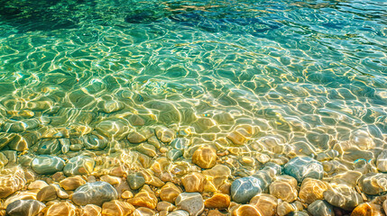 Obraz premium A clear, shallow water surface revealing sunlit stones underneath, creating a mesmerizing ripple pattern.
