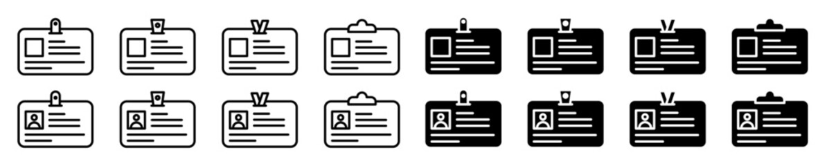 ID card icon set featuring ID card badge icons, including identification cards and driver's license symbols. Vector illustration