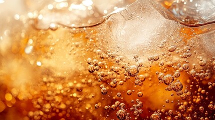 Close-up of a carbonated beverage with ice, capturing the shimmering bubbles and deep amber color. Perfect for food and drink advertising with a summer vibe.