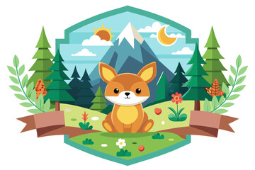 Cartoon Fox in a Mountainous Forest Setting with a Sun and Moon
