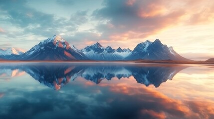 Exciting beautiful landscape with most breathtaking mountains Vestrahorn on the Stokksnes peninsula in the mirror of the lake at sunset Exotic countries Meditation antistress  concept : Generative AI