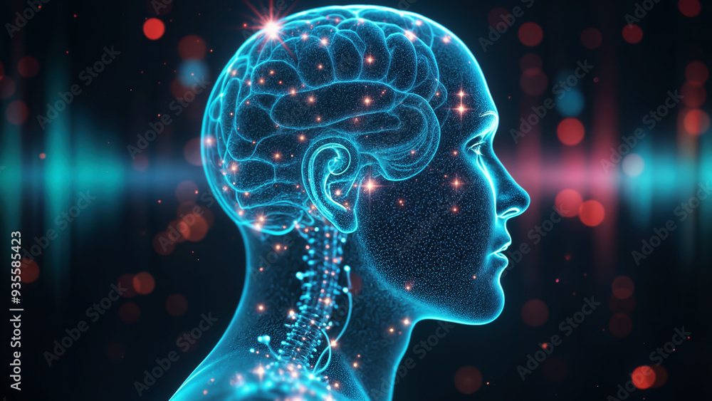 Poster digital human head showing active brain and neural network