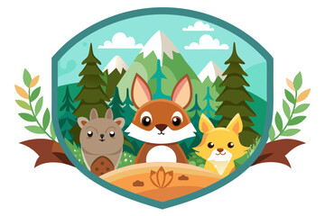 Cartoon Animals in a Mountainous Forest Landscape