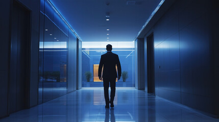 Fototapeta premium businessman walking in the corridor blue business office building interior