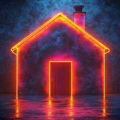 A house made of neon lights glowing in the dark