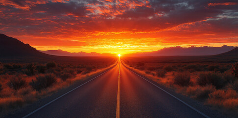 A long road leading into the distance with a beautiful sunset sky