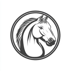 Obraz premium Black and white flat vector art illustration of a horse in a circular stamp logo style, svg design, isolated on white background, simple vector art design