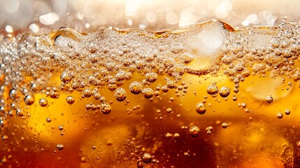 Macro shot of a fizzy drink with ice, highlighting the sparkling bubbles and rich amber colors. A refreshing image perfect for summer-themed designs.