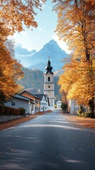 A view of a street with trees and houses in the background, AI