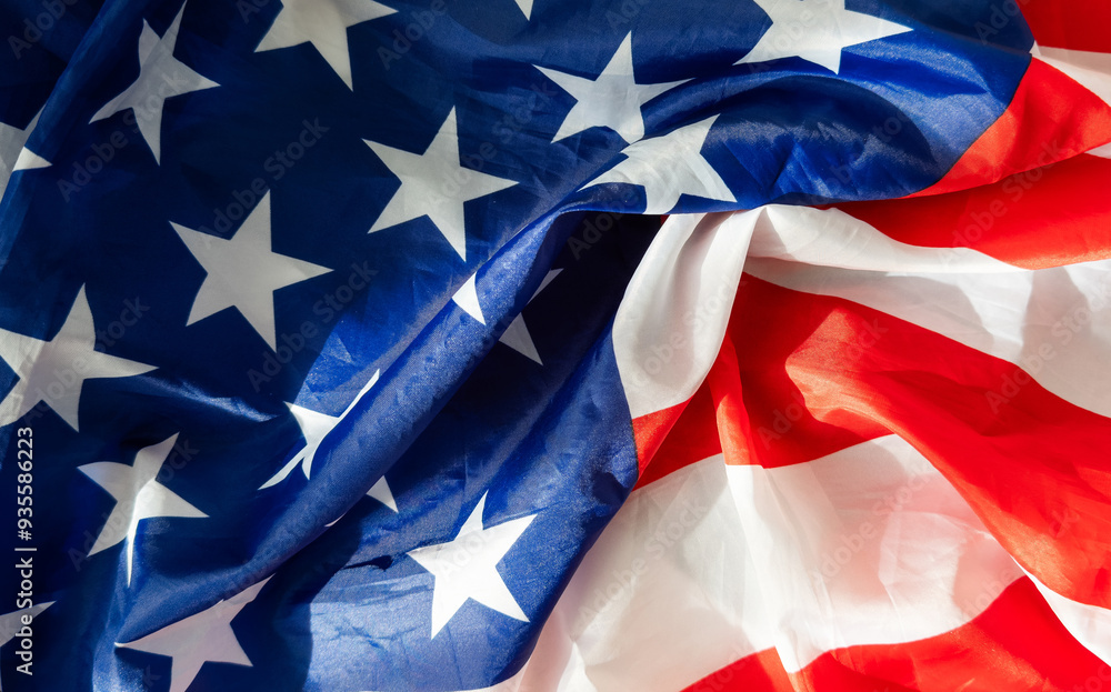 Wall mural close up america flag waving with the wind for memorial day. national symbol concept.