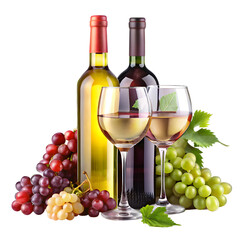 Red and White Wine Bottles with Glasses and Fresh Grapes