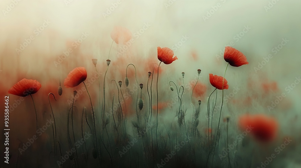 Poster An artistic blur effect capturing the delicate beauty of red poppies in soft focus creating a dreamlike ethereal atmosphere : Generative AI