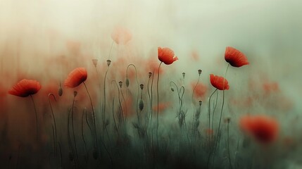 An artistic blur effect capturing the delicate beauty of red poppies in soft focus creating a dreamlike ethereal atmosphere : Generative AI