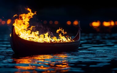 A Viking funeral pyre on a boat, with flames consuming the wooden vessel as it floats away.