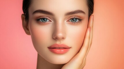 Fototapeta premium A young woman gently touches her face, showcasing her smooth skin, soft pink lipstick, and a serene expression against a pastel gradient backdrop.