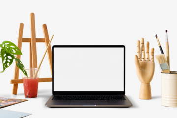 Transparent laptop screen mockup png, minimal workspace for artist