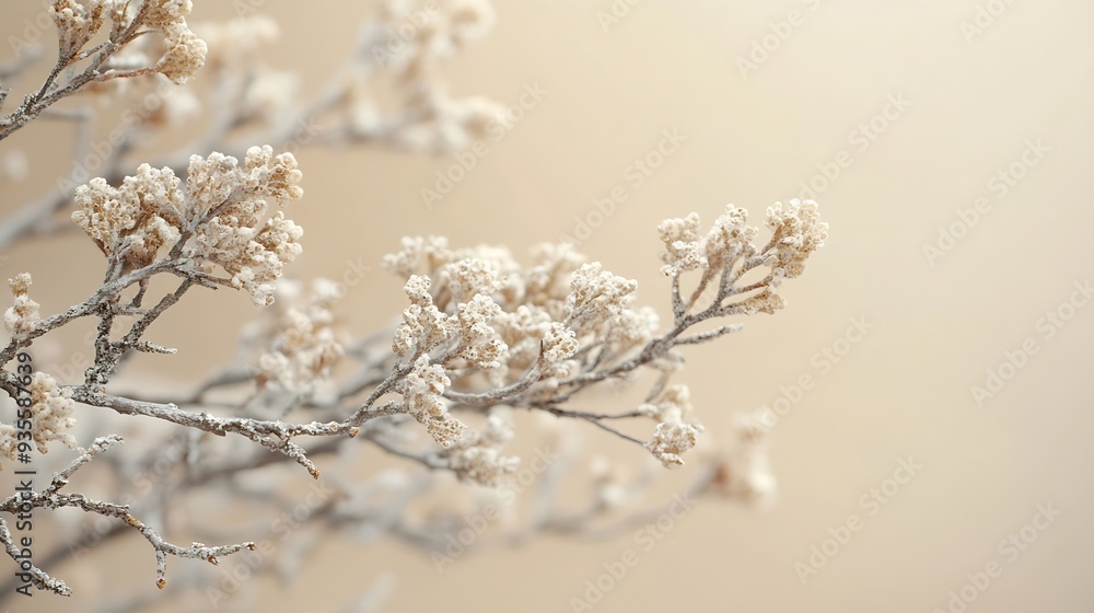 Poster abstract north nature scene with a composition of lichen pine branches and dry snags beige backgroun