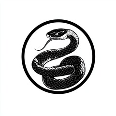 Obraz premium Black and white flat vector art illustration of a snake in a circular stamp logo style, svg design, isolated on white background, simple vector art design -