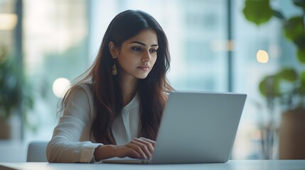 Focused young Indian manager woman working on project alone typing on laptop writing notes sitting at large meeting table in white modern office interior Full length wide shot : Generative AI