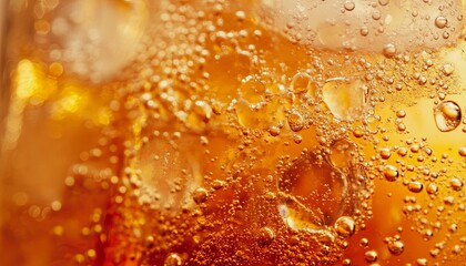 Macro shot of a chilled carbonated drink with ice cubes, capturing the vibrant bubbles and warm amber tones. Perfect for summer menus and drink ads.