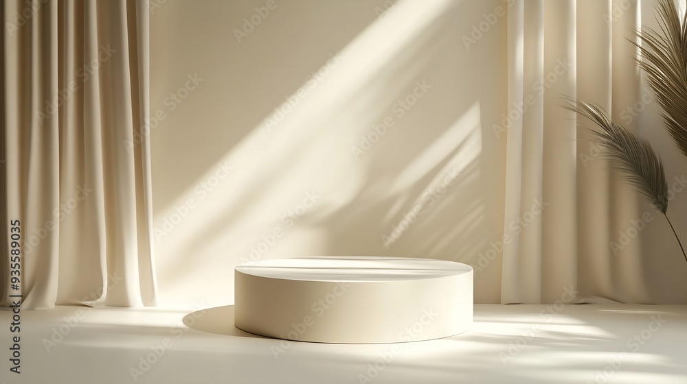 Aufkleber Cosmetic background for product presentation White empty plaster podium with shadows on biege background : Generative AI