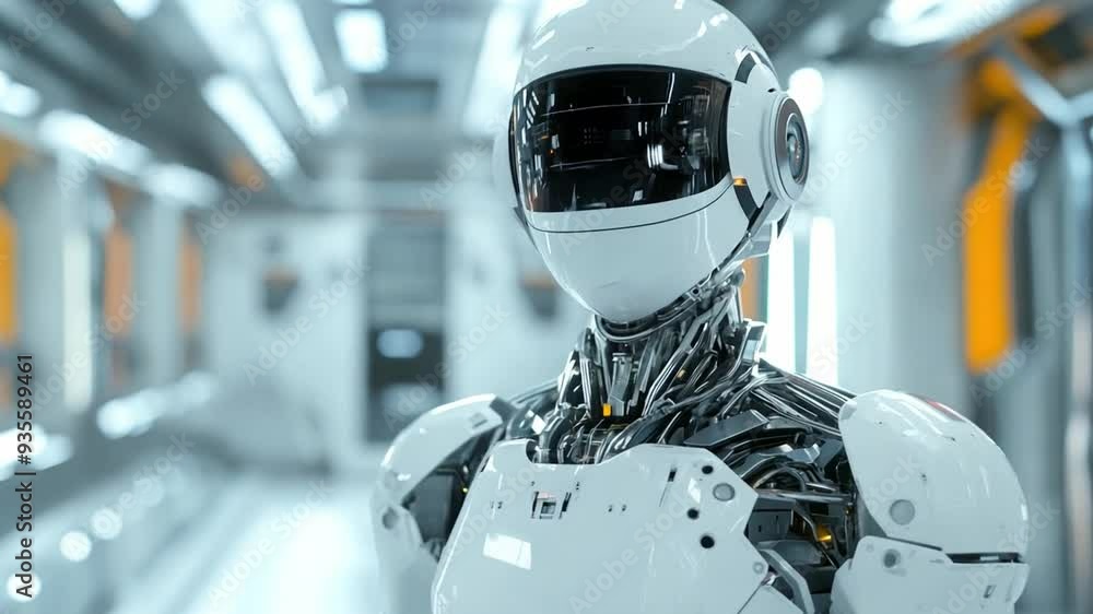 Poster a humanoid robot is positioned in a sleek corridor, embodying futuristic technology with visible mec