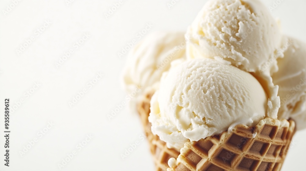 Poster Vanilla soft ice cream in waffle cone isolated on white background with clipping path : Generative AI