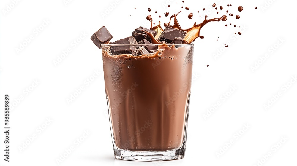 Poster glass of chocolate drinks with splash isolated on white background : generative ai